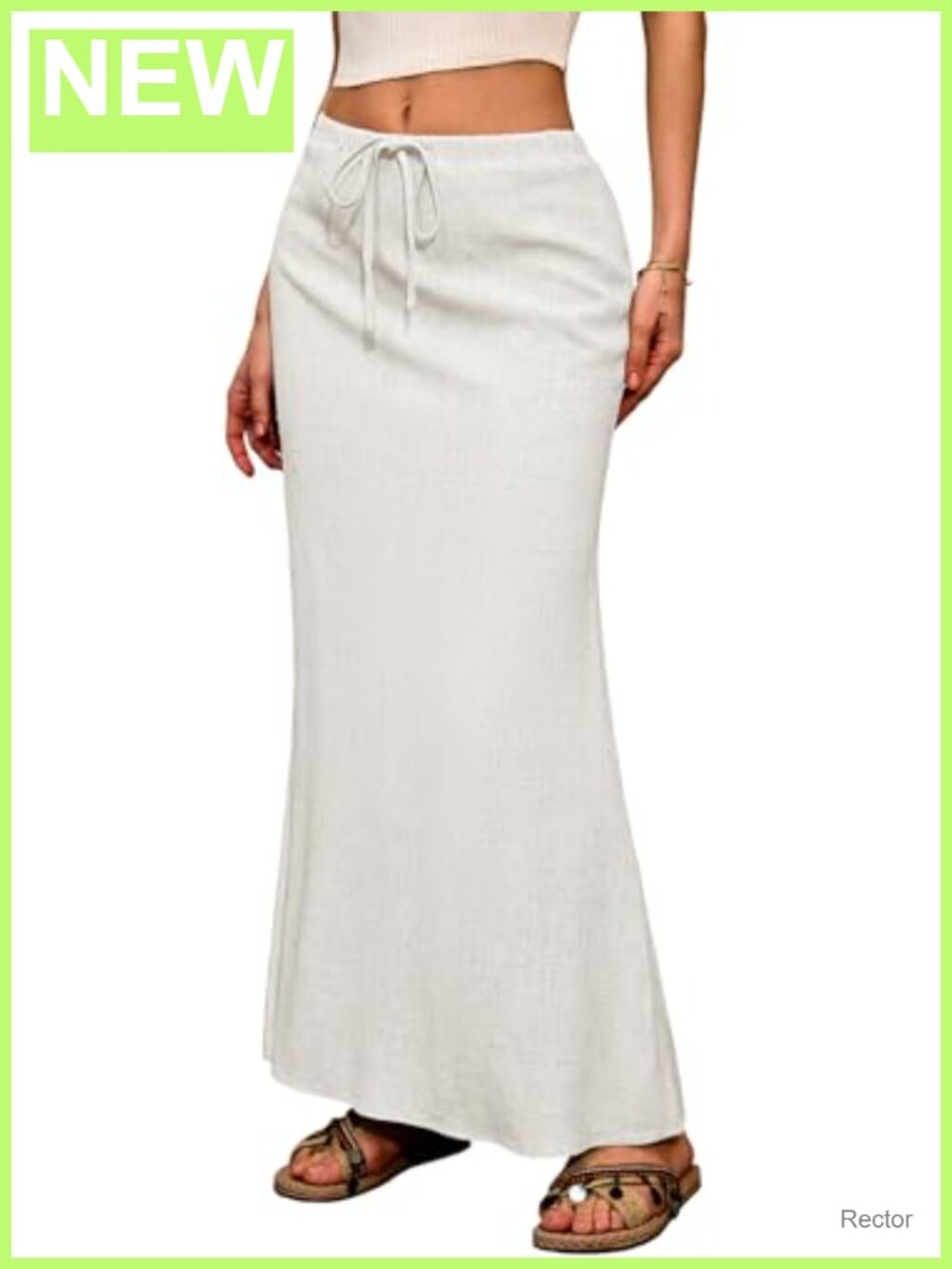 Linen Blend Flared Maxi Skirt Ankle Length Drawstring Summer Boho